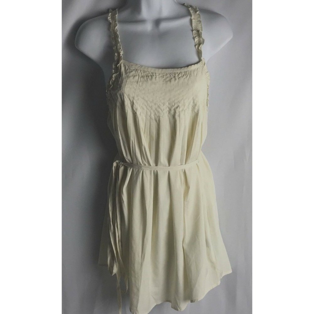 Love Stitch Blouse Top Womens Size Large Ivory Tank Sheer Pleated Belt Flaw